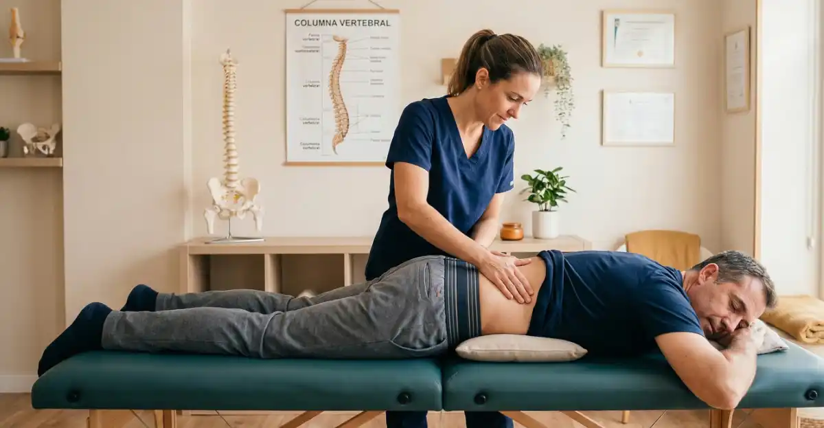Sesión de osteopatía lumbar en camilla. La especialista trata la espalda del paciente en una consulta con modelos anatómicos de la columna vertebral.
