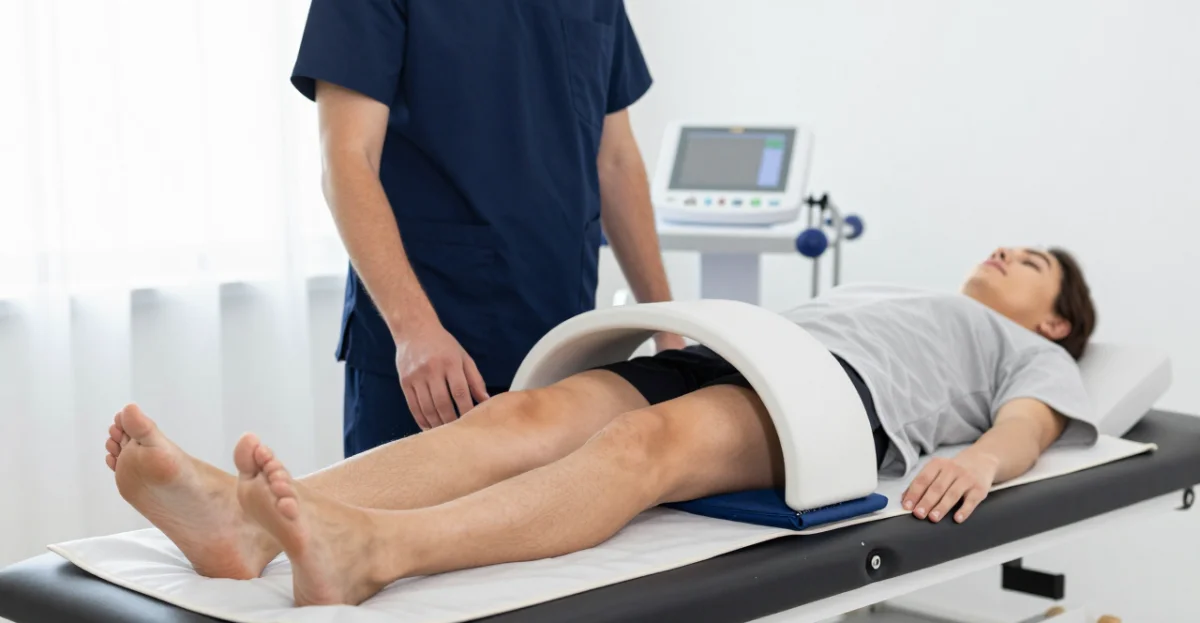 Paciente en una sesión de magnetoterapia en una clínica de osteopatía moderna, bajo supervisión profesional.